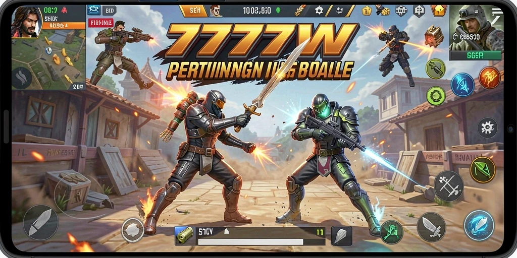 Screenshot gameplay 7777W menampilkan aksi seru dalam pertarungan Battle Royale.