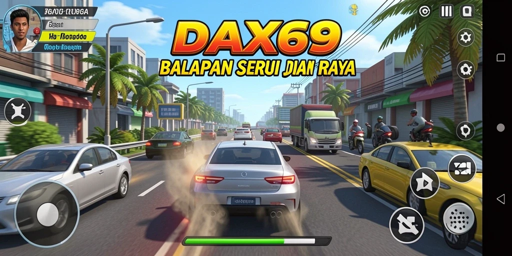 Screenshot utama DAX69 menampilkan aksi balapan yang mendebarkan di jalan raya.