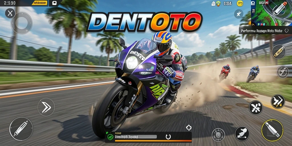 Tampilan gameplay DENTOTO yang mendebarkan dalam balapan motor.