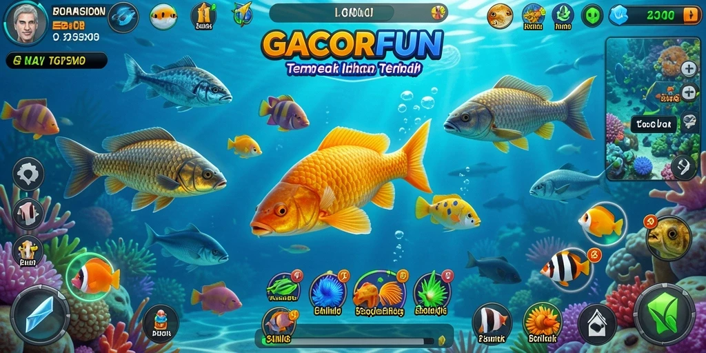 Tampilan gameplay GACORFUN saat menembak ikan di bawah laut.