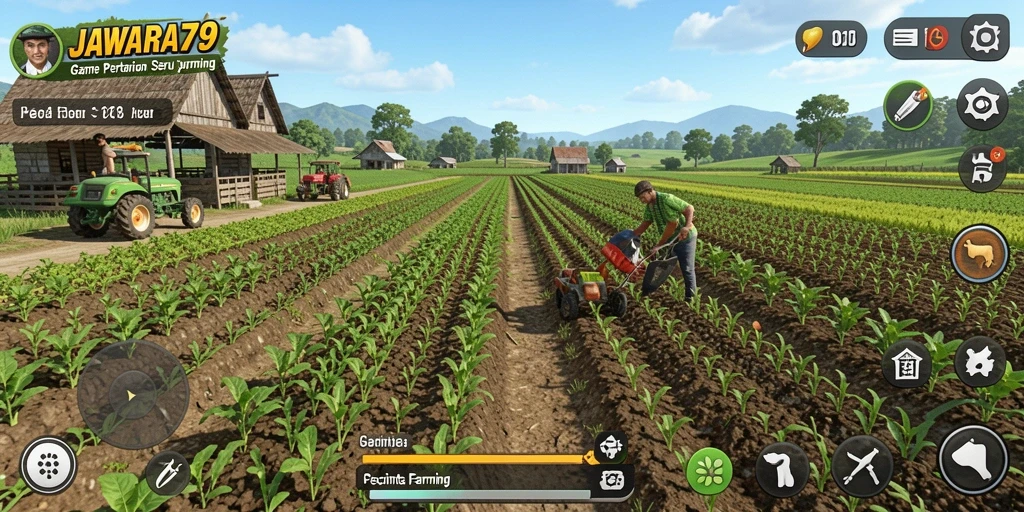 Tampilan gameplay JAWARA79 yang menampilkan kebun hijau dan hewan ternak.