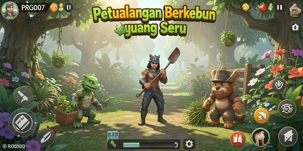 Tangkapan layar utama PRG007 menampilkan aktivitas berkebun yang seru.