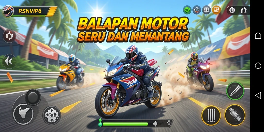 Screenshot RSNVIP6 menampilkan momen intens balapan motor.